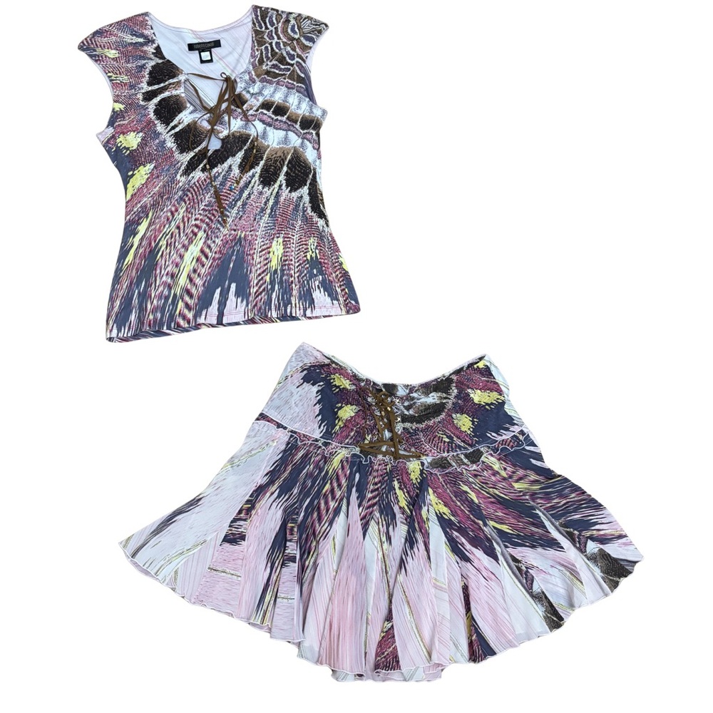 Roberto Cavalli SS2004 Feather Print Skirt Set